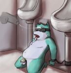  blindfold blue_body blue_fur blue_wolf bodily_fluids chastity_cage chastity_device cum cum_on_face fur genital_fluids handcuffed handcuffs hi_res kneeling male male/male precum precum_string restraints sebasteray shackles tongue tongue_out urinal 
