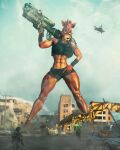  absurd_res animatronic anthro battle biceps big_breasts bottomwear breasts canid canine car clothed clothing crossgender destruction ear_piercing female five_nights_at_freddy&#039;s fox foxy_(fnaf) gun hi_res machine macro mammal muscular muscular_anthro muscular_female parovozik piercing poster ranged_weapon robot shorts soldier standing tattoo town vehicle video_games warrior weapon 