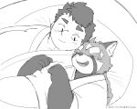  2021 5:4 ailurid anthro bed blush chubby_protagonist_(tas) duo embrace eyes_closed furniture hi_res hug human human_on_anthro humanoid_hands interspecies kemono lifewonders lying male mammal monochrome moujya overweight overweight_male pillow protagonist_(tas) red_panda tokyo_afterschool_summoners video_games young zhurong_(tas) 