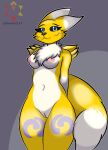  absurd_res anthro bandai_namco big_breasts blue_eyes breasts canid canine canis digimon digimon_(species) erect_nipples female fluffy fluffy_hair fox fox_tail genitals hair hi_res mammal mature_anthro mature_female nipple_outline nipples pussy renamon size_difference skade_(artist) smaller_female smile solo 