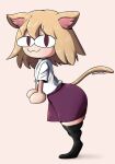  :3 absurd_res animal_humanoid big_butt blonde_hair breasts butt cat_humanoid clothed clothing felid felid_humanoid feline feline_humanoid female hair hi_res humanoid inner_ear_fluff legwear mammal mammal_humanoid neco-arc pale_skin red_eyes simple_background small_breasts smile solo superbinario thick_thighs tuft 
