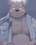  2021 4:5 absurd_res anthro belly black_nose blush clothed clothing cute_fangs hi_res humanoid_hands kemono male mammal open_clothing open_shirt open_topwear overweight overweight_male shirt simple_background solo topwear whitebeast20 