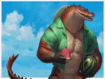  4:3 5_fingers alligator alligatorid anthro biceps black_body black_scales bottomless claws clothed clothing cloud crocodilian digital_media_(artwork) fingers food fruit green_clothing hat headgear headwear hi_res holding_food holding_fruit holding_melon holding_object holding_watermelon male melon multicolored_body multicolored_scales muscular muscular_anthro muscular_male open_mouth pecs plant red_body red_scales reptile scales scalie sharp_teeth sky solo standing tan_body tan_scales taran_fiddler teeth tongue topwear torn_clothing watermelon watermelon_slice 