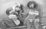  2020 anthro big_breasts blush breasts cleavage clothed clothing curvy_figure detailed_background digital_media_(artwork) duo elexis_(mramp) eyelashes female fingers greyscale hair hi_res hourglass_figure inside long_hair mammal monochrome mrs._amp_(mramp) multicolored_hair mustela mustelid musteline phone procyonid raccoon rox_tyrant sauna shonuff signature sitting smile steam thick_thighs tongue towel towel_only true_musteline two_tone_hair voluptuous wide_hips 