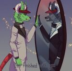  anthro bow_tie clone clothing demon drkot hat headgear headwear hi_res humanoid leotoefinger lyrics male mirror reflection solo song suit 