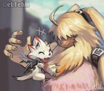  ambiguous_gender angoramon anthro bandai_namco belt black_claws blurred_background ceratopsian claws digimon digimon_(species) digimon_ghost_game dinosaur duo eltehh embrace fluffy fur gammamon hair_over_eyes hi_res hug lagomorph leporid mammal ornithischian rabbit reptile scalie size_difference triceratops white_body yellow_body yellow_fur 