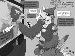  4:3 anthro avian breath_of_the_wild caressing_face clothing coming_out_of_tv controller dialogue duo ejaculation english_text gaming grey_background greyscale holding_controller holding_object kitsunedark male male/male masturbation mid_transformation monochrome nintendo nintendo_switch revali rito simple_background sitting species_transformation talons television text the_legend_of_zelda torn_clothing transformation video_games vr_headset wariza winged_arms wings 