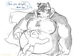  2021 4:3 anthro belly big_belly blush bottomwear canid canine canis clothing duo english_text horkeukamui humanoid_hands lifewonders male mammal moobs nipples obese obese_male overweight overweight_male shorts text tokyo_afterschool_summoners tribdinosaur video_games wolf 
