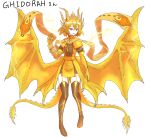  2_tails alternate_species animal_humanoid armwear blonde_hair clothed clothing cross crossgender dragon dragon_humanoid dress elbow_gloves electricity female garter_straps gloves godzilla_(series) hair handwear hi_res horn humanoid humanoidized king_ghidorah legwear membrane_(anatomy) membranous_wings multi_tail okamura086 open_mouth pupils short_hair slit_pupils smile smirk solo spiked_tail spikes spikes_(anatomy) spines tail_spines thigh_highs toho wings 