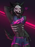  &lt;3 2021 3:4 absurd_res anthro biped black_body black_fur black_tongue bone bottomwear canid canine clothed clothing fur hand_behind_head hi_res male mammal midriff purple_eyes shorts simple_background skull skulldog_(species) solo thatmfchicken tongue tongue_out topwear 