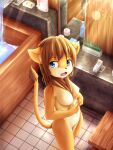  2020 anthro bathroom biped breasts brown_hair detailed_background felid female fur hair hi_res inside lion mammal nipples nude open_mouth pantherine sinelesh solo teeth tongue whiskers 