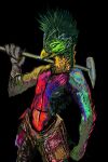  anthro avian beak bird bottomwear clothing feathered_crest feathers green_eyes hammer head_crest hi_res hyperdynamic male mouth_closed multicolored_body nipples pants solo standing tools weapon_on_shoulder 