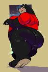 absurd_res anthro belly big_butt black_body black_fur blush bottomless butt clothed clothing eyebrow_piercing facial_piercing fan_character fur hadou hi_res male mammal moobs overweight overweight_anthro overweight_male piercing rear_view red_clothing red_shirt red_topwear satsui-n0-had0u shirt solo topwear ursid 