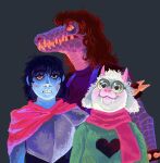  2_horns acne ambiguous_gender anthro armor blue_body blue_hair blue_skin bovid bracelet caprine chubby_male crocodilian deltarune dimetrodont eyewear fangs female fur glasses goat group hair heterochromia hi_res horn human jewelry kris_(deltarune) lizard looking_at_viewer male mammal overbite pimples pink_horn pink_scarf purple_body purple_scales ralsei reptile scales scalie scarf size_difference smile spiked_bracelet spikes susie_(deltarune) undertale_(series) video_games white_body white_fur white_hair 