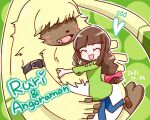  &lt;3 5:4 accessory angoramon anthro bandai_namco brown_hair digimon digimon_(species) digimon_ghost_game duo embrace female fur hair hair_accessory hair_bow hair_over_eyes hair_ribbon hinako_710 hug human lagomorph leporid male mammal rabbit ribbons ruri_tsukiyono size_difference yellow_body yellow_fur 