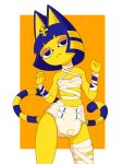  absurd_res animal_crossing ankha_(animal_crossing) anthro arms_above_head bandage diaper domestic_cat felid feline felis female hi_res looking_at_viewer mammal nintendo octojo smile solo standing video_games white_diaper 