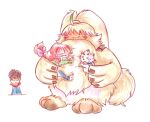  angoramon anthro bandai_namco blush brown_hair chibi digimon digimon_(species) digimon_ghost_game embrace female fluffy fur gammamon group hair hair_over_eyes hiro_amanokawa horn hug human male mammal roichi404 ruri_tsukiyono size_difference white_body yellow_body yellow_fur 