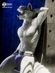  2021 3:4 3d_(artwork) anthro black_nose blue_clothing bulge canid canine canis cheek_tuft cinema4d clothing detailed_bulge digital_media_(artwork) facial_tuft fingerpads fur head_tuft hi_res leaning_on_wall looking_aside male mammal pawpads portrait red_eyes solo text tuft underwear url white_body white_fur wolf zorryn 