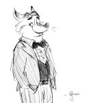  2017 anthro bottomwear bow_tie canid canine clothing disney fox gideon_grey grivaire male mammal monochrome pants shirt simple_background sketch solo suit topwear white_background zootopia 