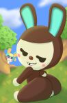  2021 animal_crossing anthro being_watched brown_body butt carmen_(animal_crossing) cleft_of_venus digital_media_(artwork) duo female four-pundo genitals grin lagomorph leporid looking_at_another looking_back mammal nintendo nude outside public public_nudity pussy rabbit sasha_(animal_crossing) shaded sitting smile solo_focus toony tooth_gap video_games 