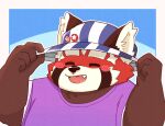  2021 ailurid anthro biped black_nose blush brown_body clothed clothing cute_fangs hat headgear headwear hi_res kemono lifewonders male mammal portrait red_body red_panda shibuya_2810 shirt simple_background solo tokyo_afterschool_summoners topwear video_games young zhurong_(tas) 