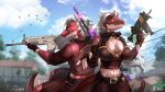  anthro big_breasts breasts cleavage clothed clothing duo epic_games female fortnite gun hair lizard male male/female outside ranged_weapon red_body red_eyes reptile rukelen scalie video_games weapon white_body white_hair white_hands 