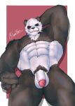  2021 abs absurd_res anthro balls beastars big_muscles black_sclera border cigarette claws flaccid fur genitals giant_panda gouhin hand_behind_head hi_res humanoid_genitalia humanoid_penis indy_newton2305 looking_at_viewer low-angle_view male mammal muscular muscular_anthro muscular_male navel nipples nude obliques pecs penis pubes red_background scar signature simple_background smile solo tuft ursid white_border 
