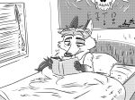  2017 ahappypichu-mod anthro bed bedding bedroom blanket book canid canine clothing detailed_background disney fox furniture gerardson gideon_grey humanoid_hands inside male mammal monochrome pillow reading shirt sitting solo topwear zootopia 