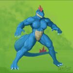  3_toes 5_fingers anthro biped breasts claws feet female feraligatr fingers greasymojo head_spikes hi_res muscular muscular_female navel nintendo non-mammal_breasts nude pok&eacute;mon pok&eacute;mon_(species) reptile scales scalie solo spiked_tail spikes spikes_(anatomy) toes video_games 