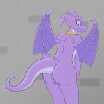  1:1 anthro butt dragon female hi_res looking_back membrane_(anatomy) membranous_wings purple_body reptile reversal_of_the_heart scalie sharkinwaves simple_background solo western_dragon wings 