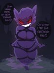  2021 anthro big_breasts black_clothing black_panties black_underwear breasts cleavage clothed clothing dialogue dominant dominant_female english_text female full-length_portrait gena_(shoutingisfun) gengar grin hair hi_res humanoid looking_at_viewer naughty_face nintendo not_furry panties pok&eacute;mon pok&eacute;mon_(species) portrait purple_body purple_hair red_eyes shoutingisfun slightly_chubby smile solo spirit talking_to_viewer text thick_thighs underwear video_games 