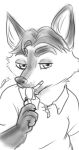  2016 anthro canid canine clothing cutlery disney fox gerardson gideon_grey hi_res humanoid_hands kitchen_utensils licking licking_spoon male mammal monochrome shirt simple_background slightly_chubby solo spoon tongue tongue_out tools topwear white_background zootopia 