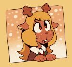  anthro blonde_hair bodily_fluids brown_body brown_eyes buckteeth capreoline cervid clothing collar deltarune female freckles hair horn jaquin_s mammal noelle_holiday reindeer simple_background snow solo sweat sweater sweater_vest teeth topwear undertale_(series) vest video_games yellow_background 