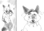  2016 ? anthro biped blush bodily_fluids bottomwear canid canine clothing disney duo eyewear fox gerardson gideon_grey male mammal monochrome nick_wilde pants shirt sunglasses sweat topwear zootopia 