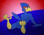  abstract_background all_fours anthro anus arched_back avian back_muscles backsack balls bird blue_body blue_feathers butt darkajugin falco_lombardi feathers genitals green_eyes hi_res legs_up looking_back male markings nintendo red_markings solo star_fox talons video_games 