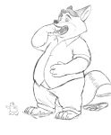  2017 anthro belly body_in_mouth bottomwear canid canine clothing death disney dj-rodney eyes_closed fox gideon_grey group hi_res humanoid_hands macro male mammal monochrome overweight overweight_male pants scared shirt topwear unavailable_at_source ursid uvula vore zootopia 