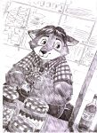  2017 anthro biped bottomwear canid canine clothing detailed_background disney food fox gideon_grey hi_res humanoid_hands male mammal overweight overweight_male pants shirt solo thanku topwear zootopia 