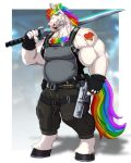  2021 4:5 anthro blurred_background broken_horn clothed clothing dream_and_nightmare equid equine gun hair head_horn hi_res horn looking_at_viewer male mammal melee_weapon multicolored_hair muscular muscular_anthro muscular_male mythology pink_eyes ranged_weapon solo sword tattoo unicorn unicorn_horn weapon 