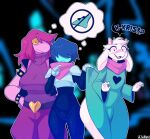  ?! absurd_res anthro armband assisted_exposure belt big_breasts bodily_fluids bovid bracelet breasts bulge caprine clothed clothing clothing_lift conditional_dnp deltarune dinosaur exposed female fur gesture girly goat group hair hair_over_eye hair_over_eyes hi_res horn huge_hips human inkplasm jewelry kris_(deltarune) male mammal no_underwear non-mammal_breasts one_eye_obstructed pointing pointing_at_another purple_body purple_skin ralsei reptile robe robe_lift scalie scarf speech_bubble spiked_armband spiked_bracelet spikes susie_(deltarune) sweat sweatdrop thick_thighs thought_bubble trio undertale_(series) video_games white_body white_fur wide_eyed wide_hips 