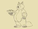  2017 anthro belly bottomwear canid canine clothing dessert disney dj-rodney food fox gideon_grey hi_res humanoid_hands male mammal overweight overweight_male pants pie shirt simple_background solo topwear zootopia 
