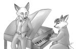  2016 anthro biped bottomwear canid canine clothing disney duo eyes_closed fox gerardson gideon_grey humanoid_hands keyboard_instrument male mammal musical_instrument nick_wilde pants piano shirt sitting slightly_chubby topwear zootopia 