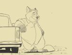  2017 anthro belly bottomwear canid canine car clothing disney dj-rodney fox gideon_grey hi_res humanoid_hands male mammal outside overweight overweight_male pants shirt solo topwear unavailable_at_source vehicle zootopia 