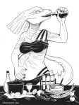  2021 5_fingers anthro argonian bethesda_softworks black_and_white breasts claws clothed clothing drinking drinking_potion empty_eyes female finger_claws fingers humanoid_hands monochrome non-mammal_breasts panties potion scales scalie signature simple_background snowsnow11 solo ssi_ruuk the_elder_scrolls underwear video_games white_background 