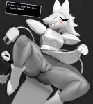  2021 anthro big_butt biped bottomwear butt cleft_of_venus clothed clothing clothing_lift darkner deltarune dialogue digital_media_(artwork) english_text felid female floating_hands genitals greyscale hi_res looking_aside machine mammal monochrome no_underwear peach_pussy presenting presenting_pussy pussy robot skirt skirt_lift solo spread_legs spreading tasque_manager text thick_thighs thousandfoldfeathers undertale_(series) video_games whip wide_hips wire 