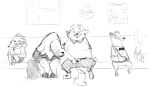  2017 anteater anthro badger bodily_fluids bottomwear bow_tie canid canine clothing disney eulipotyphlan fox gideon_grey grivaire group hedgehog hi_res hospital male mammal monochrome mustelid musteline oral overweight overweight_male pants pilosan shirt sitting sweat topwear xenarthran zootopia 
