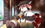  16:10 2021 ailurid anthro black_body bottomwear clothing drinking hat headgear headwear hi_res humanoid_hands inside kemono lifewonders male mammal necktie pants red_body red_panda shirt sitting slightly_chubby solo suspenders tokyo_afterschool_summoners topwear video_games widescreen young z2siayrq3htbmsw zhurong_(tas) 