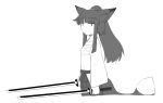  animal_humanoid asian_clothing black_hair bottomwear canid canid_humanoid canine canine_humanoid chest_wraps clothed clothing dipstick_ears dipstick_tail dual_wielding east_asian_clothing female flat_chested fox_humanoid greyscale hair hakama hi_res holding_object holding_weapon humanoid inner_ear_fluff japanese_clothing long_hair mammal mammal_humanoid markings melee_weapon monochrome multicolored_ears navel ponytail sakifox solo sword tail_markings tuft weapon wraps 
