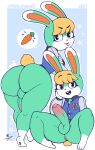  absurd_res animal_crossing anthro anus big_butt blonde_hair bottomless butt carrot clothed clothing digital_media_(artwork) food foreskin fur genitals girly green_body green_fur hair hand_on_face hi_res lagomorph leg_markings leporid letterman_jacket male mammal markings nintendo penis pkfirefawx plant rabbit sasha_(animal_crossing) smile socks_(marking) solo thick_thighs tongue tongue_out topwear topwear_only vegetable video_games white_body white_fur wide_hips yellow_tail 