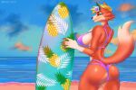  3:2 animal_crossing anthro audie_(animal_crossing) big_breasts big_butt bikini breasts butt canid canine chia_mio clothing female fur hi_res mammal nintendo orange_body orange_fur solo surfboard swimwear video_games 