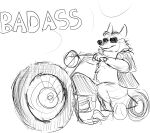  2017 anthro belly biped bottomwear canid canine clothing disney eyewear fox gideon_grey grivaire hi_res humanoid_hands male mammal monochrome motorcycle pants simple_background sitting slightly_chubby solo sunglasses text vehicle white_background zootopia 